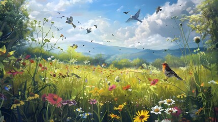 A picturesque meadow dotted with wildflowers, where birds perch on swaying grasses and sing to the rhythm of the gentle breeze.