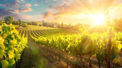 A picturesque view of a lush vineyard bathed in golden sunlight, representing the connection between Shavuot and the agricultural cycle. - Powered by Adobe