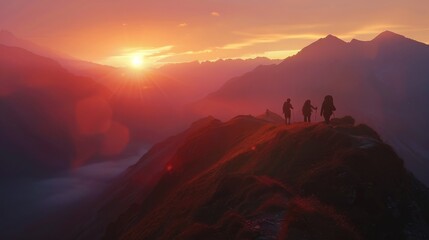 A group of people are hiking up a mountain - obrazy, fototapety, plakaty