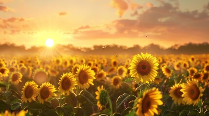 A field of sunflowers with a bright sun in the background