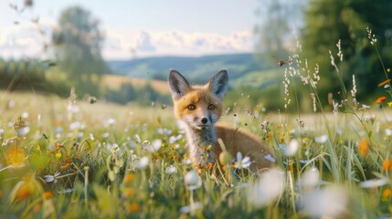 Fototapeta premium A small fox is sitting in a field of flowers