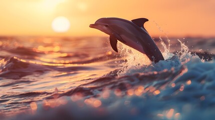 A playful dolphin logo leaping through the waves at sunset, symbolizing joy and freedom in the ocean.