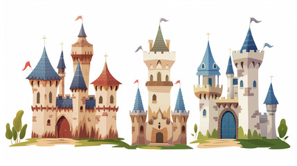 Conjunto de castelos no fundo branco - Ilustração