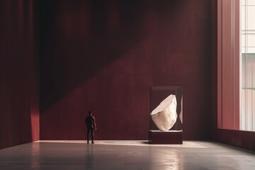 Figure Standing Before a Rich Burgundy-Colored Wall Viewing a Sculptural Art Piece in Perfect...