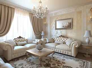 The interior of the living room in beige tones with white leather sofas