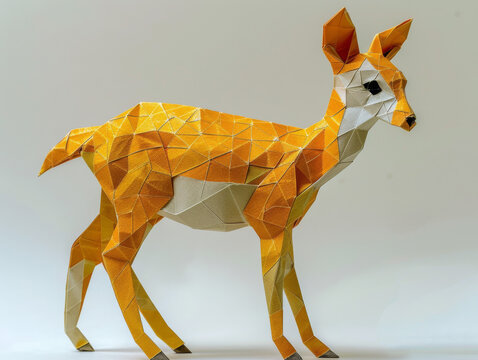 Origami dik-dik made of folded paper, standing against a white background with a geometric design.