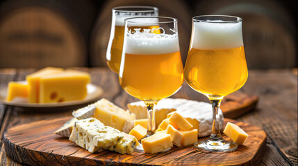 Glasses of Belgian light blonde beer made in abbey and wooden board with variety of belgian cheeses