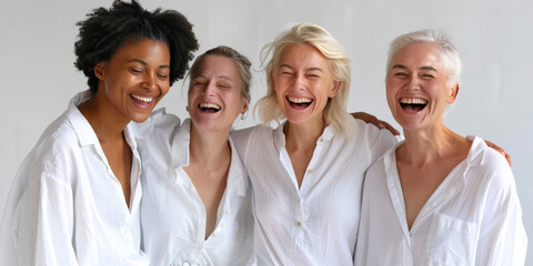 Fototapeta premium Four female models of different ages celebrating their natural bodies, confident and happy women smiling cheerfully while wearing white shirts