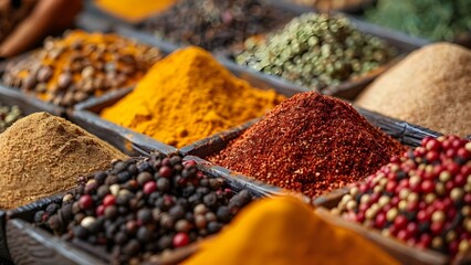 Exploring a Colorful Spice Market: Exotic Aromas and Close-up Views of Spices. Concept Spices, Market, Aromas, Exotic, Close-up Views - obrazy, fototapety, plakaty