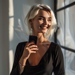 Fototapeta premium attractive smiling woman in dress in office with smartphone in hand