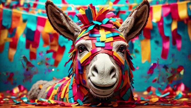 сolorful donkey pinata surrounded by bright confetti.Cinco de Mayo.Fiesta created with generative ai