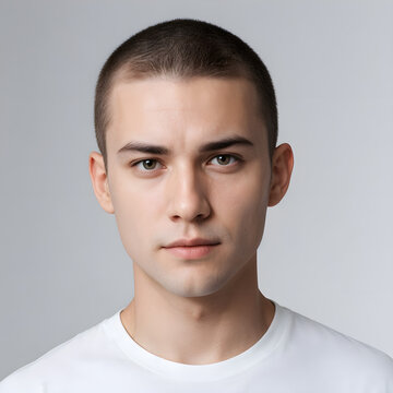 Young Man with Buzz Cut and Serious Expression