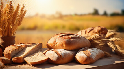 Fresh fragrant Bread and wheat on wooden table withwheat field in the background