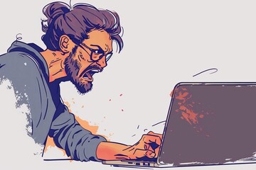 Stressful upset desperate handsome curly man working using laptop