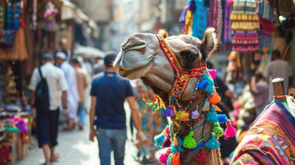 A vibrant camel's head adorned the bustling streets of Egypt.