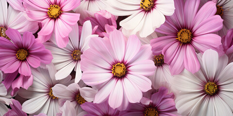 Field of Cosmos bipinnatus flowers seen from above, pink, white, intense purple