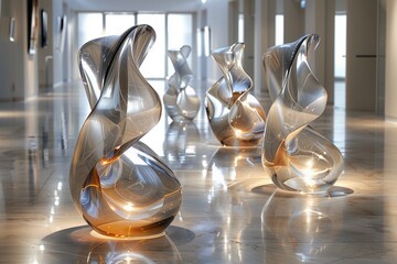Illuminated Abstract Sculptures in a Modern Art Gallery, Reflecting Shadows and Highlights
