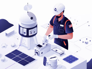 Naklejka premium Illustration of an engineer with climate monitoring equipment in a stylized setting.