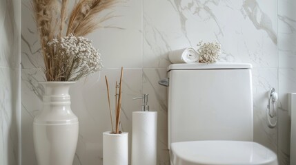 Decorative elements and paper rolls placed on top of a toilet tank, set against a white wall, with space for text. Bathroom interior