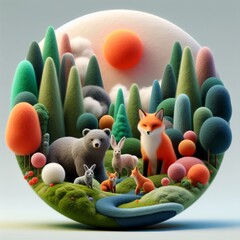 A picture frame with a circle showcasing animals, trees, and nature elements