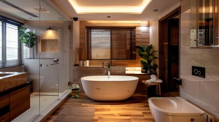 Fototapeta na wymiar Modern bathroom with a bathtub and other amenities