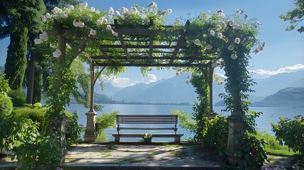 A romantic gazebo with a trellis covered in climbing roses and jasmine, providing a picturesque...