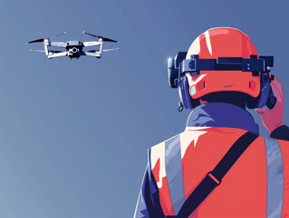 Illustration of an engineer in a helmet operating a drone against a blue sky.