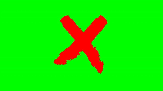 X sign drawing animation. Red x brushed and crossed, ban forbidden, irregular oils crossing lines. Shapes paint stroke. Green screen. Footage video