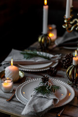 Rustic Scandinavian style zero waste eco-friendly dinner table decor for Christmas or new year family celebration. Wooden table, natural elements like pine cones, fir tree branches, candles