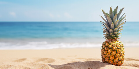 Pineapple on the sand on the beach with copy space. Concept of summer holidays