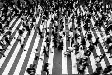 大阪梅田の繁華街で横断歩道を渡る人々。モノクロでブらせて撮影