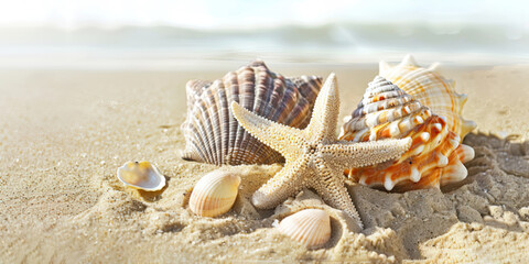 Fototapeta na wymiar Starfish and sea shells in the sand at the beach