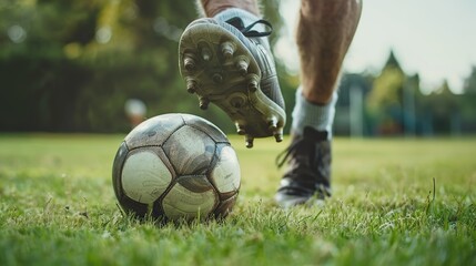 Senior male footballer's foot making contact with the ball during a match