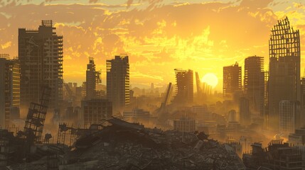 Last Light over Crumbled Cityscapes As the sun sets on a world forever changed, the last light casts golden hues over the remains of a once-bustling city. - obrazy, fototapety, plakaty