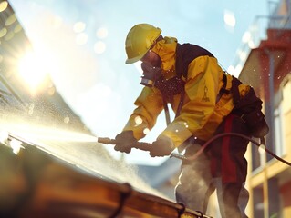 Man in Yellow Safety Suit Spraying Water on Roof