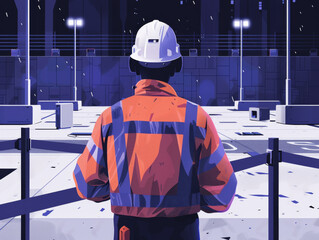 Illustration of an engineer standing on a set with mechanical designs under night sky.