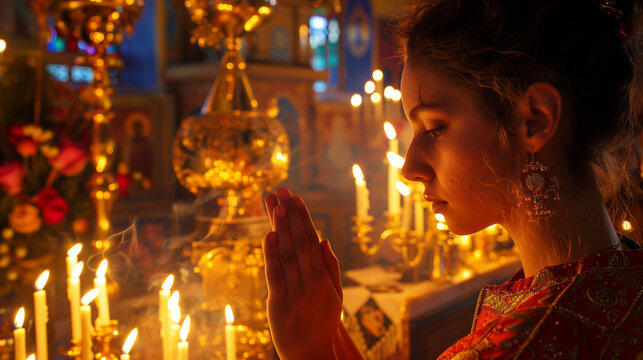 A close-up image of a woman standing in prayer before an ornate altar adorned with lit candles and religious icons, her face illuminated by the warm glow of candlelight, symbolizin