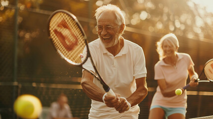 a cheerful senior couple playing tennis on a sunny afternoon at a local court