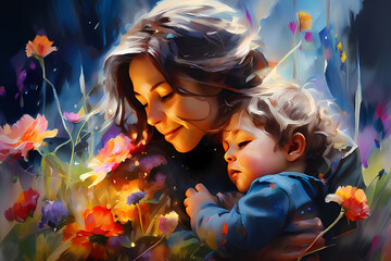 parent and baby, mother and baby, mother and son, mother and daughter, mother and child, parent and child, mother day, watercolor, mom, Mother and child embracing - obrazy, fototapety, plakaty