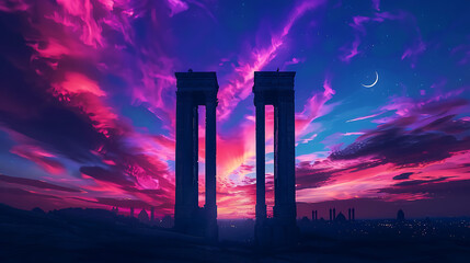 a grand architectural structure stands boldly against a dramatic sunset or sunrise sky - obrazy, fototapety, plakaty