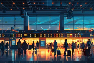 Vector illustration of a bustling airport terminal, travelers with luggage, flight information displays - obrazy, fototapety, plakaty