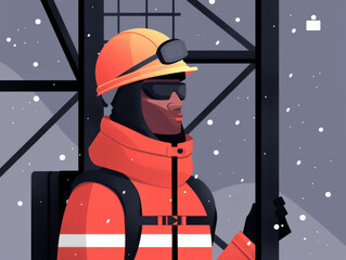 An illustration of an engineer wearing a safety helmet and reflective vest near a tower at night.