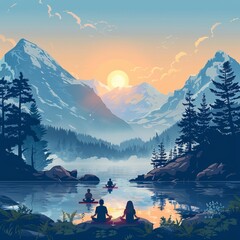 Vector illustration of a serene morning in a mountain yoga retreat, with practitioners meditating amidst breathtaking nature
