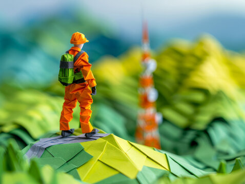 An origami engineer standing near a paper telecommunications tower.