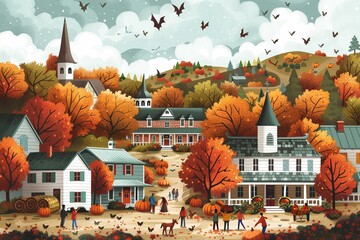 Vector illustration of an autumn harvest festival in a small town, with pumpkin patches, hayrides, and families enjoying fall activities
