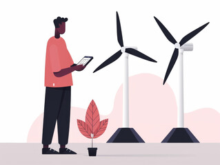 Illustration of an engineer with a tablet near wind turbines, evaluating renewable energy structures.