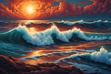 beautiful sunset on abstract ocean waves, symmetry painted dramatic lighting creative design 