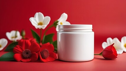 white cream jar next to flowers on a red background