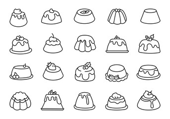 Sweet pudding cake with fruits, cream, strawberry. Coloring Page. Pastry and dessert. Hand drawn style. Vector drawing. Collection of design elements.