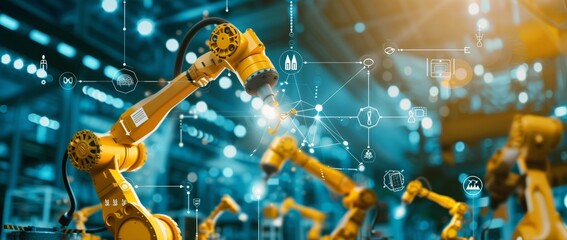 AI technology in industry, yellow robot arms with manufacturing and design icons, lines show information flow, blue industrial background